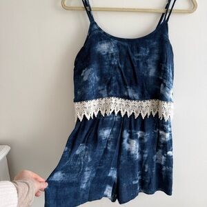 Navy Blue Tie-Dye Crochet-Trim Romper